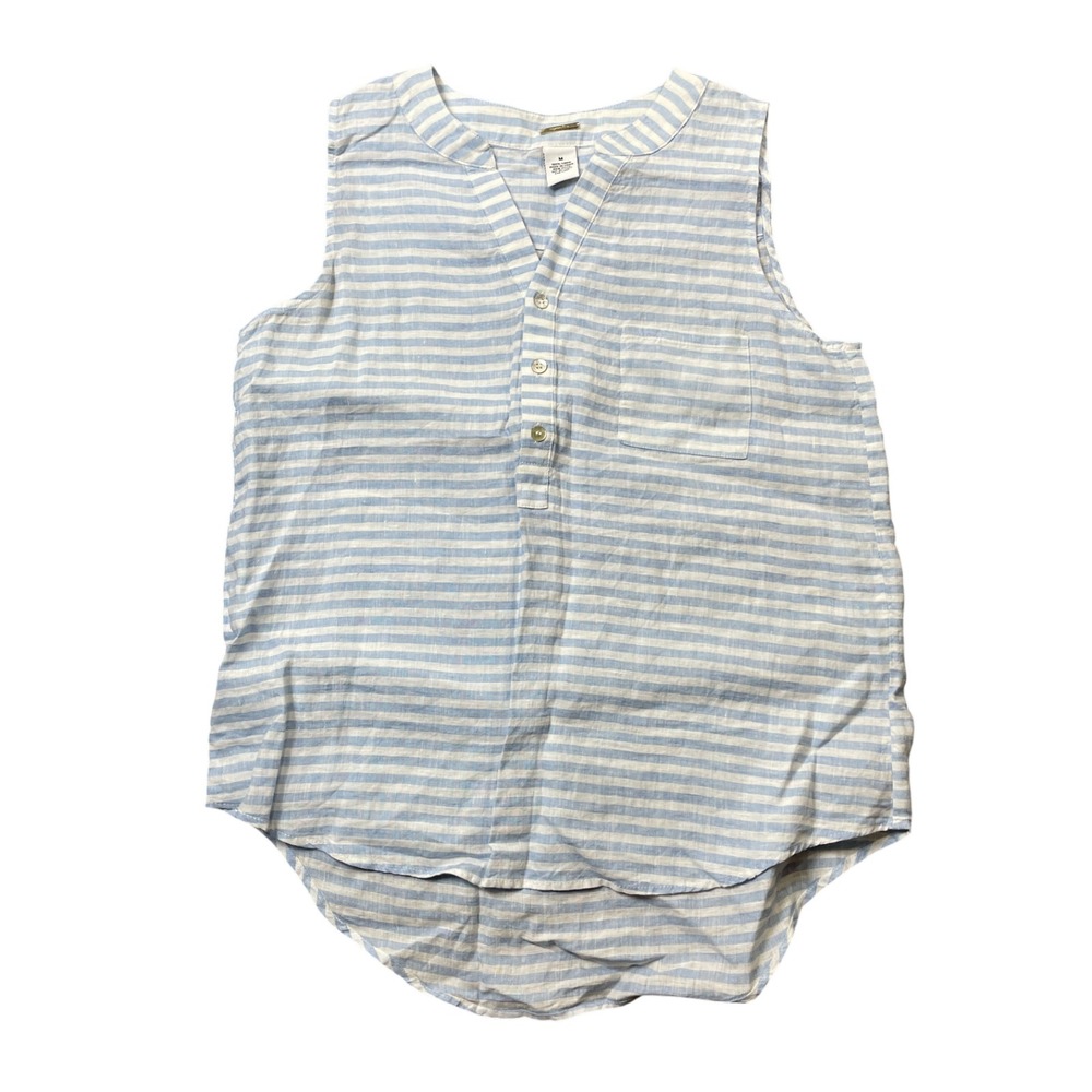 Magaschoni Medium Sleevelss 100% Linen Blue White Stripe Blouse